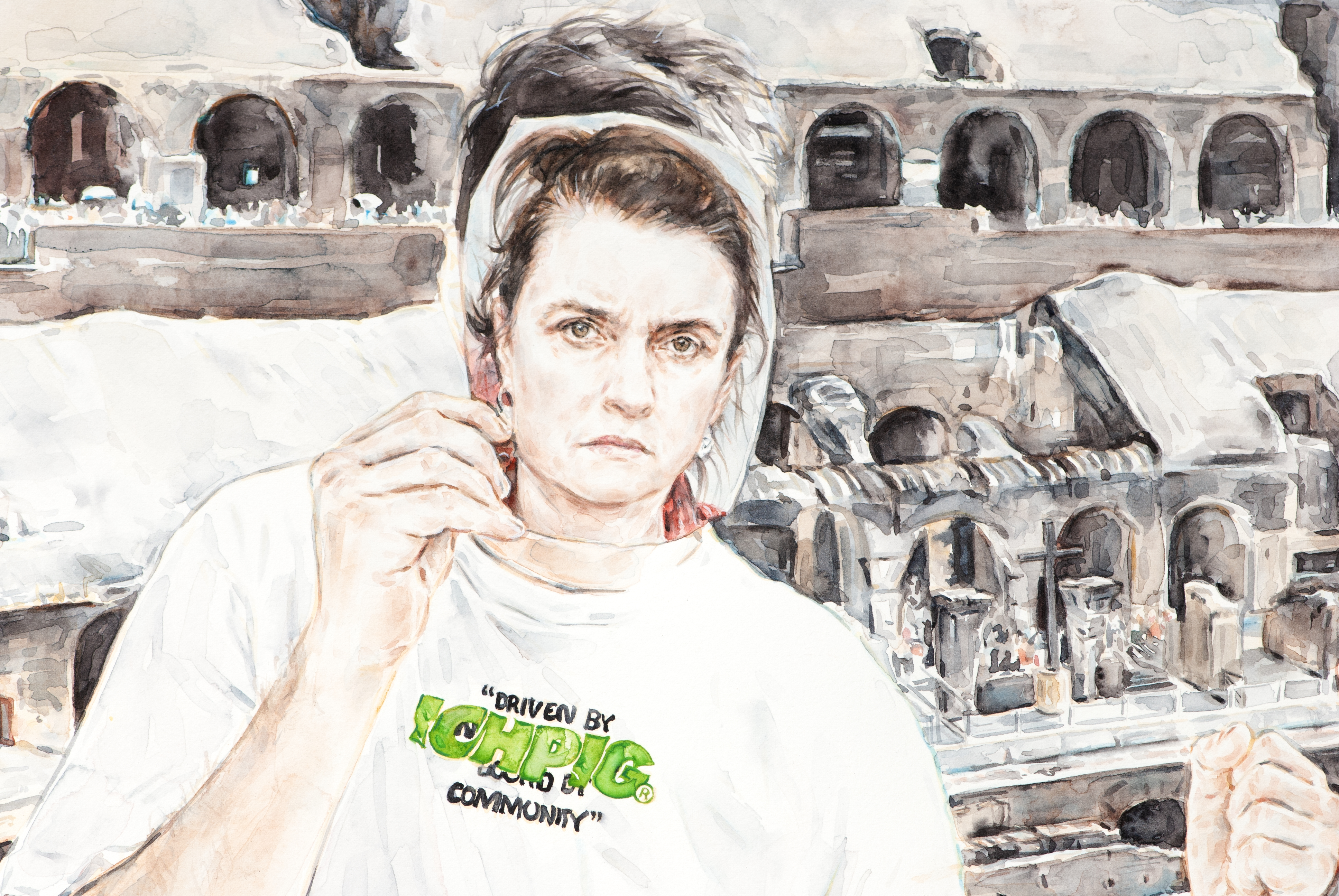 Artwork that features a man holding up a mask with Colosseum in the background - Image: Jennifer Mills, Gladiators, Colosseum, Rome 2025 (detail), watercolour on paper, 54.5 x 73.0 cm. Courtesy of the artist and Darren Knight Gallery