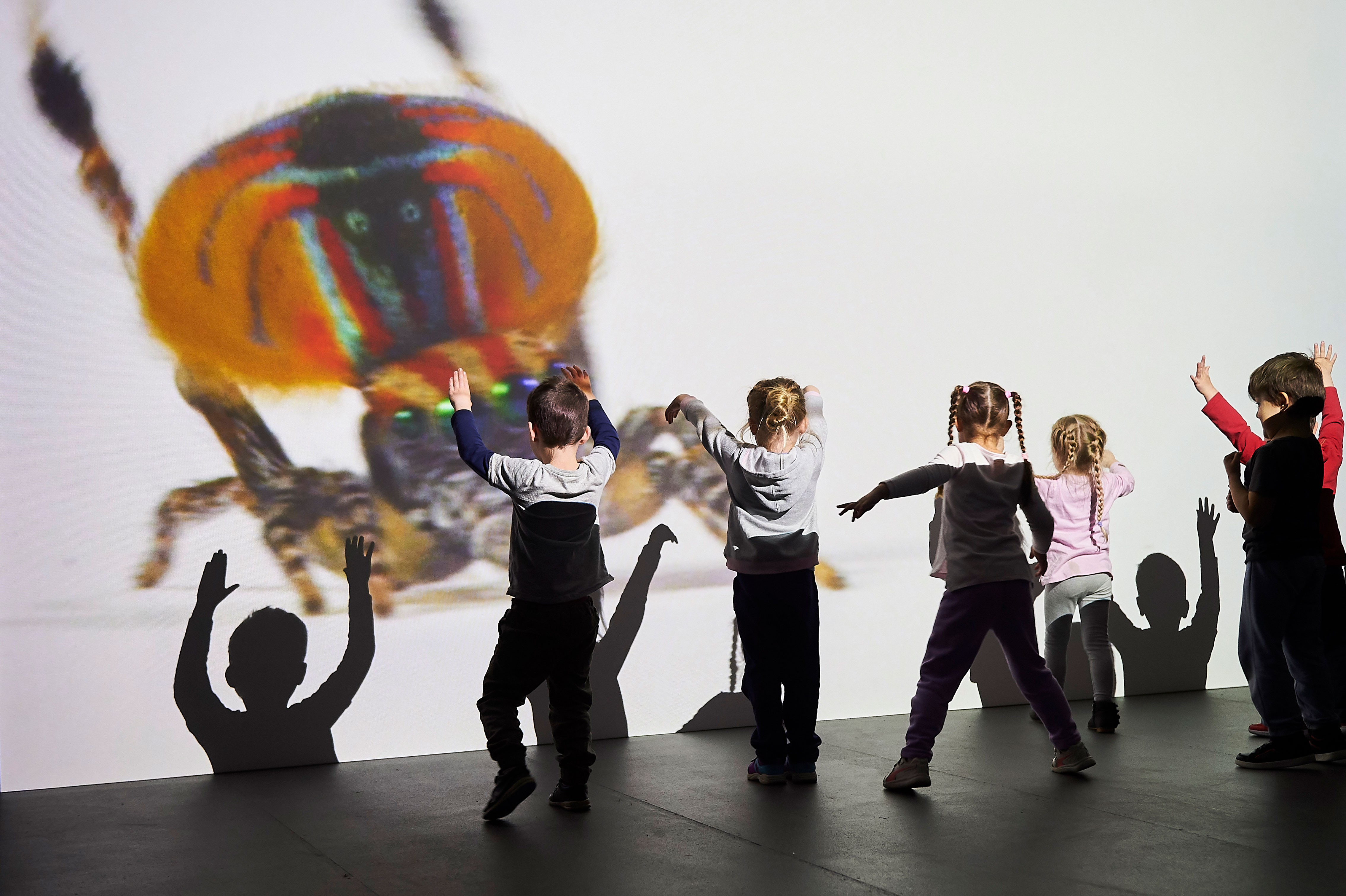 children dancing in front of a projection of a spider
