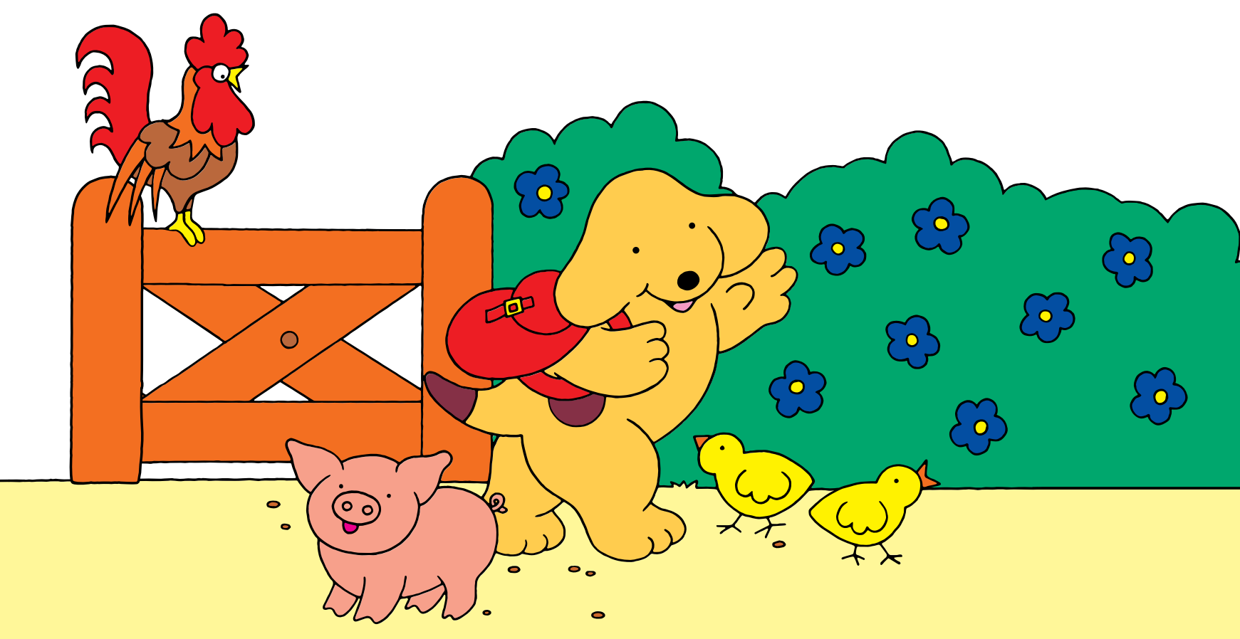 A cartoon dog with some farm animals - from SPOT
