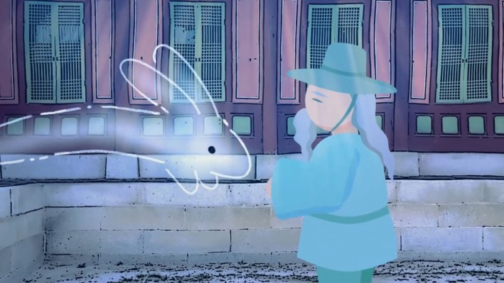 An animated image shows a woman in a blue dress interacting with a glowing white rabbit.