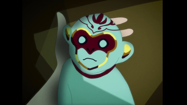 An animated image of a monkey with a contemplative expression, wearing a detailed mask with red and gold accents, set against a shadowed geometric background.