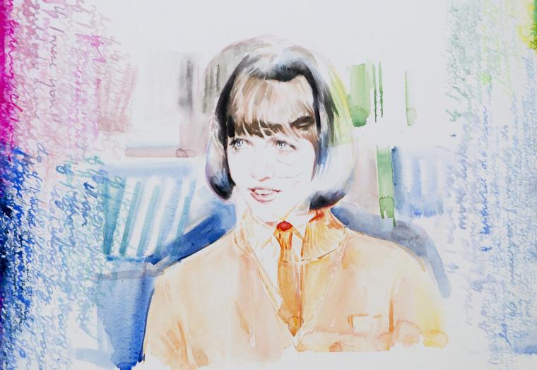 A watercolour painting by Jennifer Mills featuring in foreground Agent 99 and background Agent 86, characters from 1960s TV sitcom Get Smart.