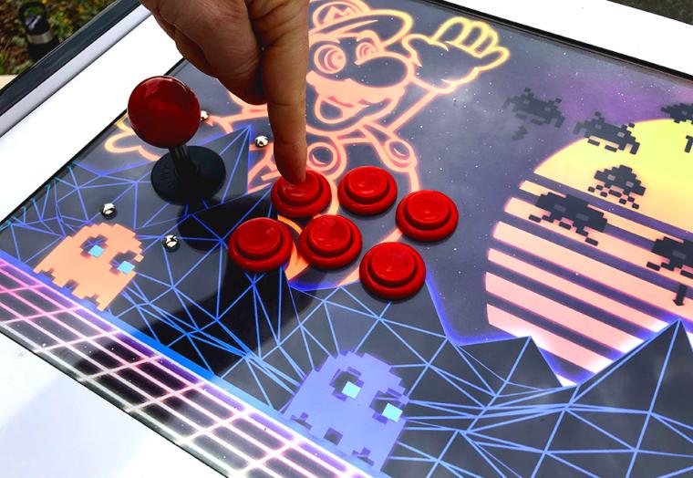 A close-up view of a retro arcade game