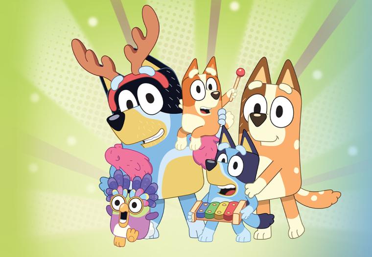 Four cartoon dogs from the television show Bluey.