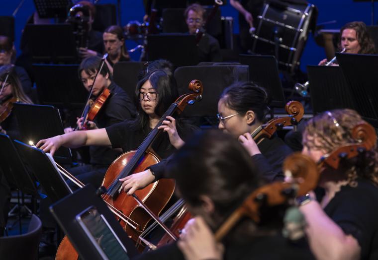 An orchestra photo with several players depicted with their instruments, to promote The Nutcracker
