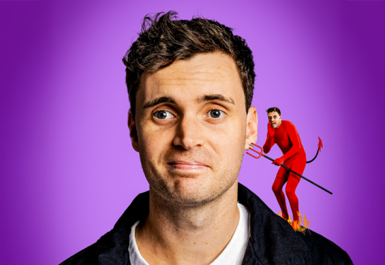A man with an image of the devil standing on his shoulder - comedian Luke Kidgell