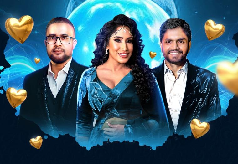 A woman in a blue evening dress stands between to men in suits - Artists Uresha Ravihari, Suresh Maliyadde, and Neluka Wijesuriya