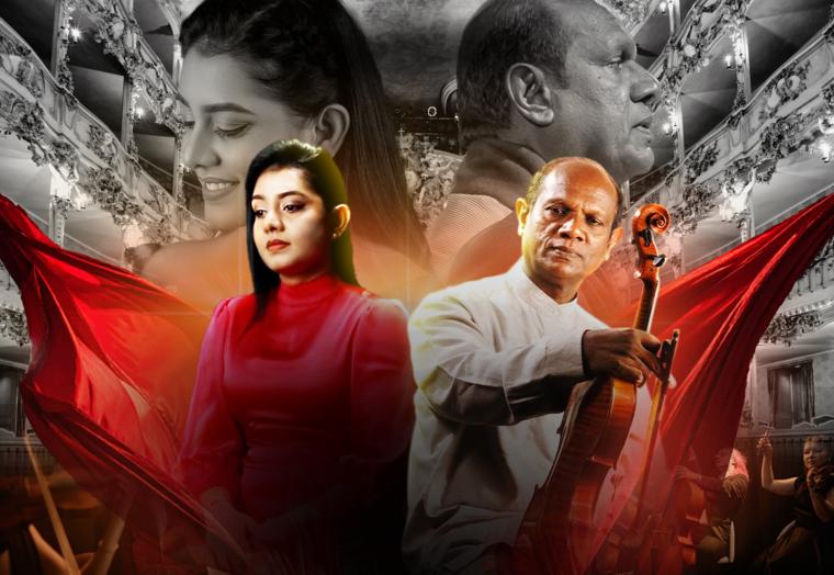 A woman in a red dress stands beside a man playing an instrument