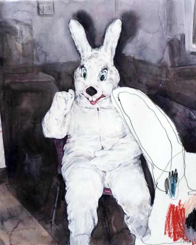 A watercolor and pencil drawing on paper by Jennifer Mills and Darcy Luker featuring a person dressed in a rabbit costume  in the center of the composition and a rabbit head in the right hand corner.