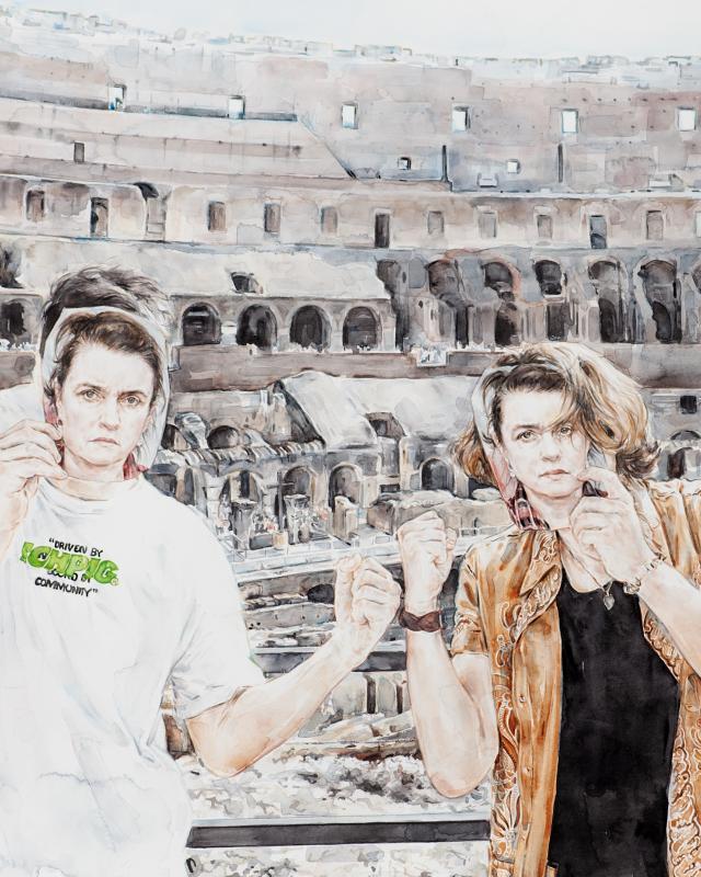 A watercolour painting by Jennifer Mills featuring in foreground two people holding cut out portraits of the artist that is covering their faces. The are standing inside the Colosseum in Rome.