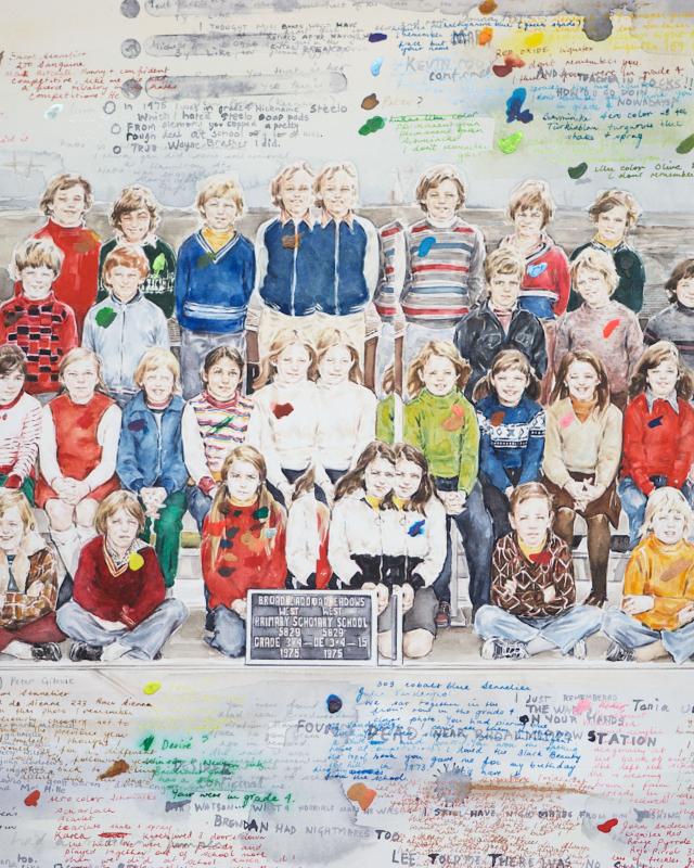 A watercolour drawing of school photo by artist Jennifer Mills.