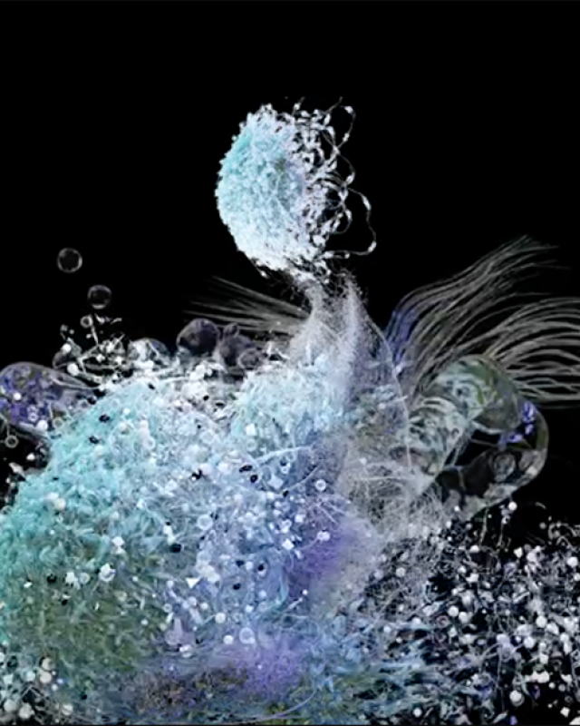 Digital artwork featuring marine debris floating in water