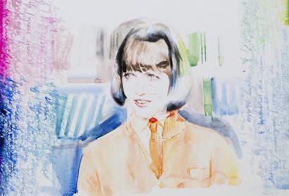 A watercolour painting by Jennifer Mills featuring in foreground Agent 99 and background Agent 86, characters from 1960s TV sitcom Get Smart.