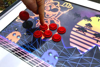 A close-up view of a retro arcade game