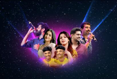 A graphic image of several faces all singing