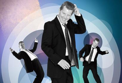 A man in a suit, dancing, replicated in three different positions to promote Tom Burlinson's Still Swingin'